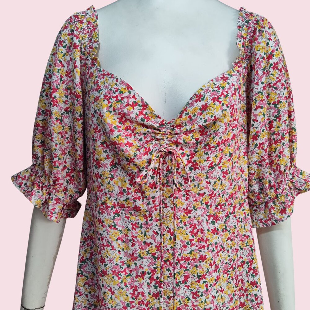 Lush Boho Ditsy Floral Smocked Back Sweetheart Neck Puff Sleeve Midi Dress Sz XL - Picture 5 of 11
